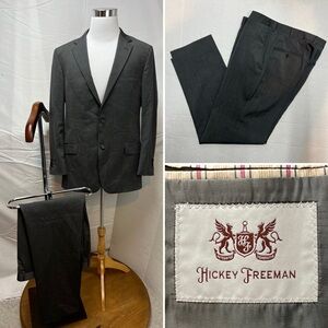 Hickey Freeman Men's 44L Blazer Jacket 36x30 Pants Gray 2-Button Wool Suit